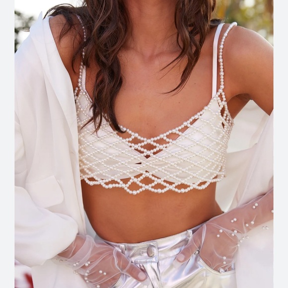 12th Tribe Tops - 12th Tribe | NWT Mirabelle Pearl Overlay Crop Top & matching Satin Bralette XS